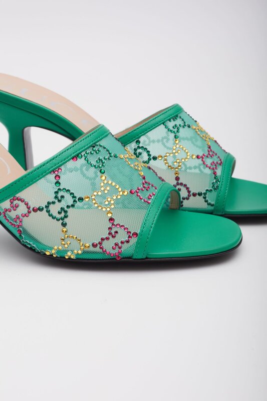 GUCCI GUCCI GG CRYSTAL EMBELLISHED MESH CHARLOTT SANDAL HEELS