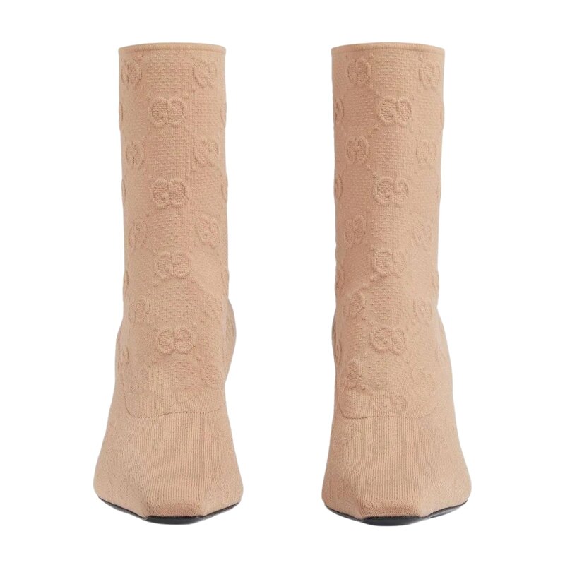 GUCCI GUCCI GG MONOGRAM KINT SOCK BOOT HEELS BEIGE