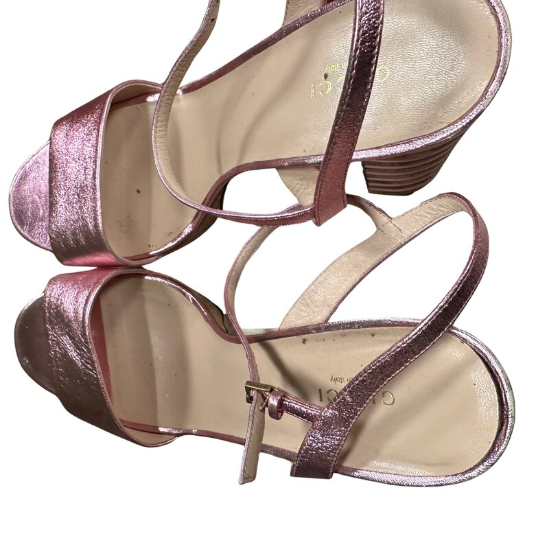 GUCCI GUCCI METALLIC PINK LEATHER CLAUDIE PLATFORM SANDALS (EU 41)