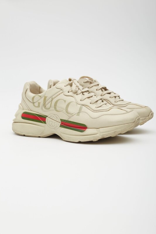 GUCCI GUCCI IVORY LEATHER RHYTON WEB SNEAKERS (US 9)