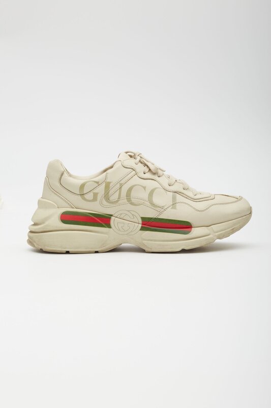 GUCCI GUCCI IVORY LEATHER RHYTON WEB SNEAKERS (US 9)