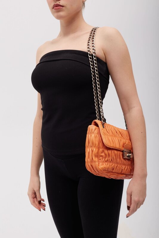 PRADA PRADA NAPPA GAUFRE LEATHER ORANGE SOUND CHAIN SHOULDER BAG