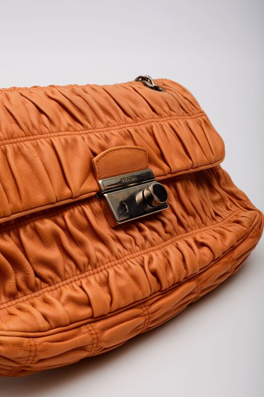 PRADA PRADA NAPPA GAUFRE LEATHER ORANGE SOUND CHAIN SHOULDER BAG