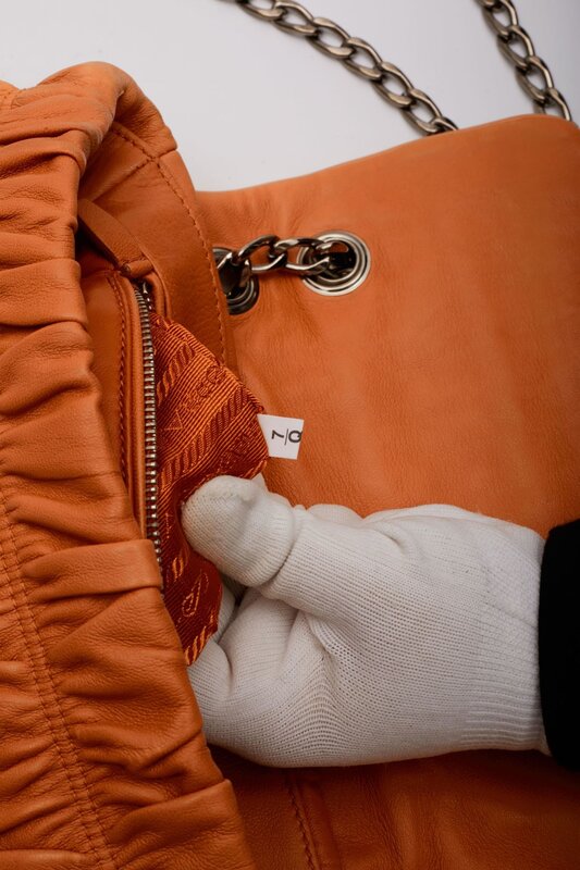 PRADA PRADA NAPPA GAUFRE LEATHER ORANGE SOUND CHAIN SHOULDER BAG