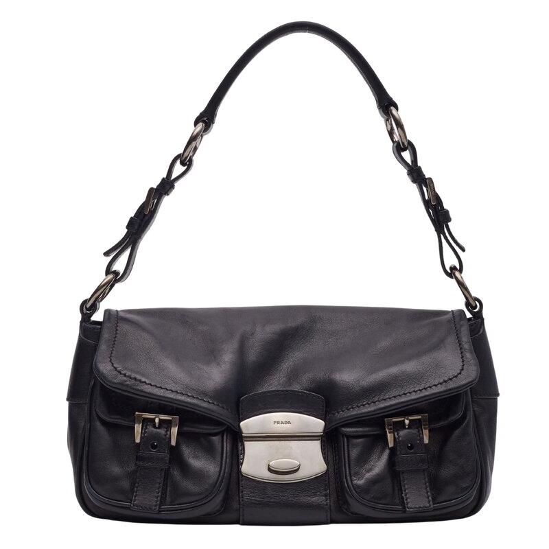 PRADA PRADA NAPPA LEATHER BLACK FLAP SHOULDER BAG