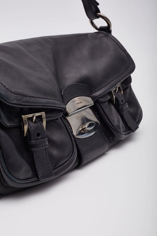 PRADA PRADA NAPPA LEATHER BLACK FLAP SHOULDER BAG