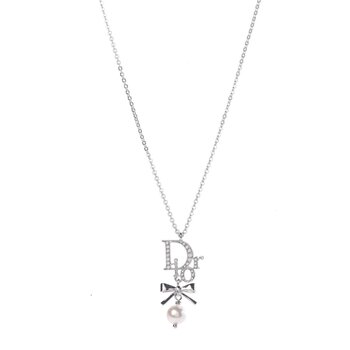 CHRISTIAN DIOR DIOR SILVER RIBBON PEARL PENDANT DROP NECKLACE