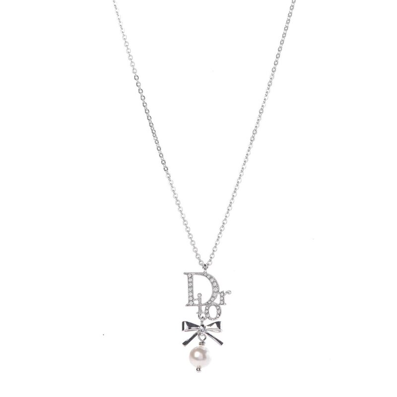 CHRISTIAN DIOR DIOR SILVER RIBBON PEARL PENDANT DROP NECKLACE