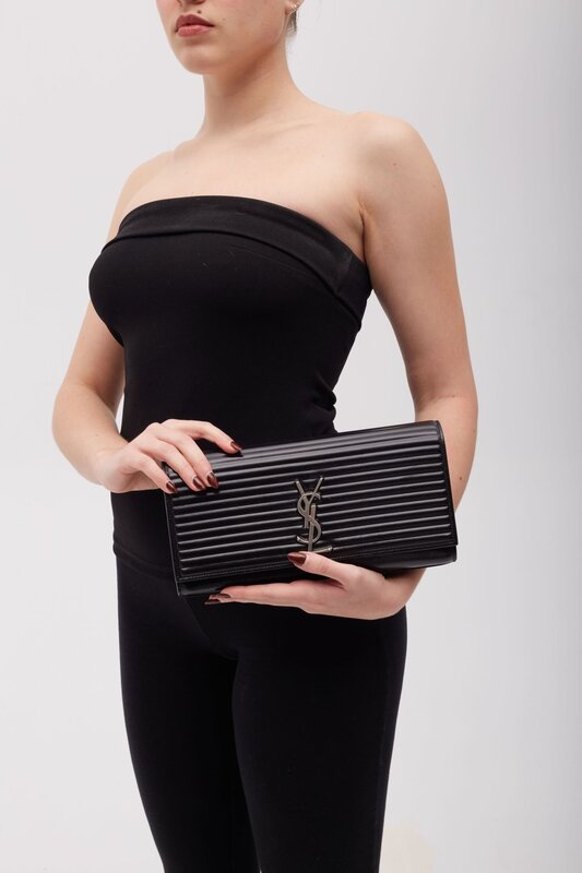 SAINT LAURENT SAINT LAURENT RIBBED CALFSKIN OPIUM MONOGRAM CLUTCH BLACK