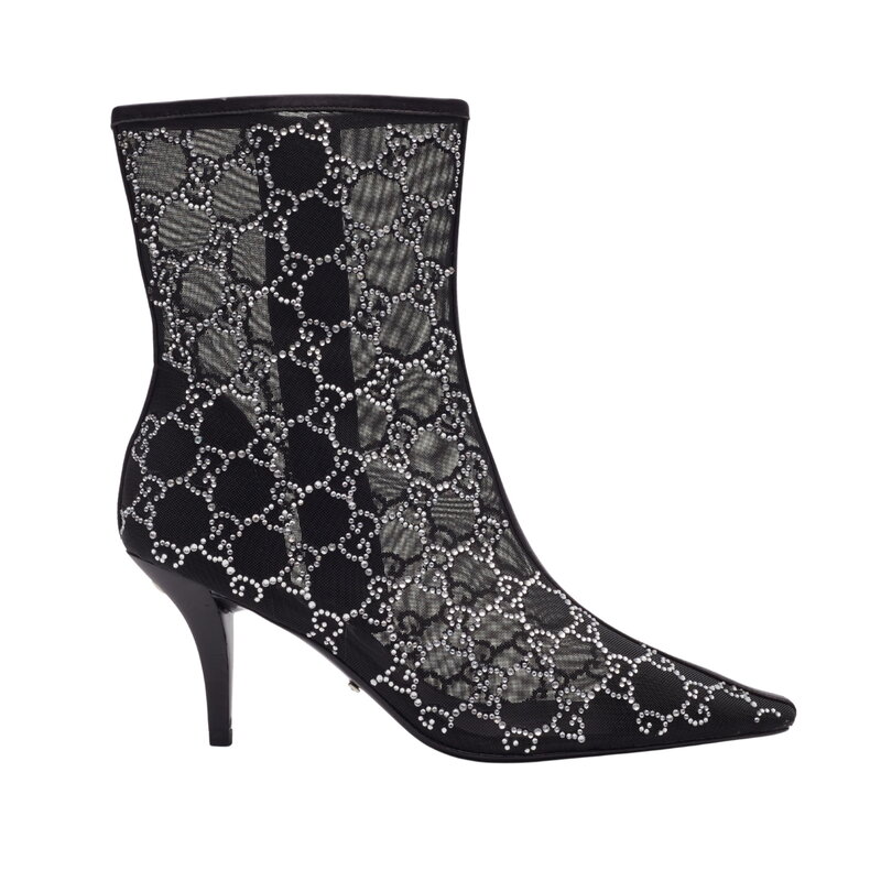 GUCCI GUCCI GG CRYSTAL EMBELLISHED MESH BLACK ANKLE BOOTS