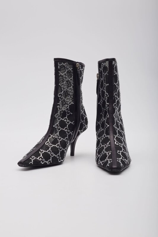 GUCCI GUCCI GG CRYSTAL EMBELLISHED MESH BLACK ANKLE BOOTS