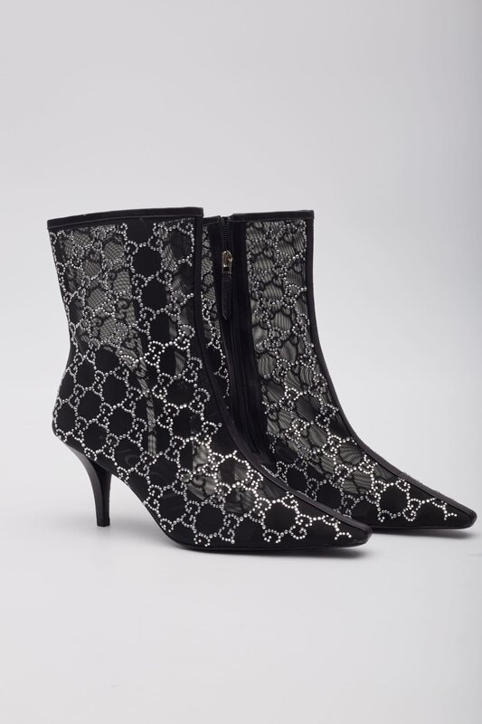 GUCCI GUCCI GG CRYSTAL EMBELLISHED MESH BLACK ANKLE BOOTS