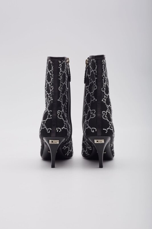 GUCCI GUCCI GG CRYSTAL EMBELLISHED MESH BLACK ANKLE BOOTS