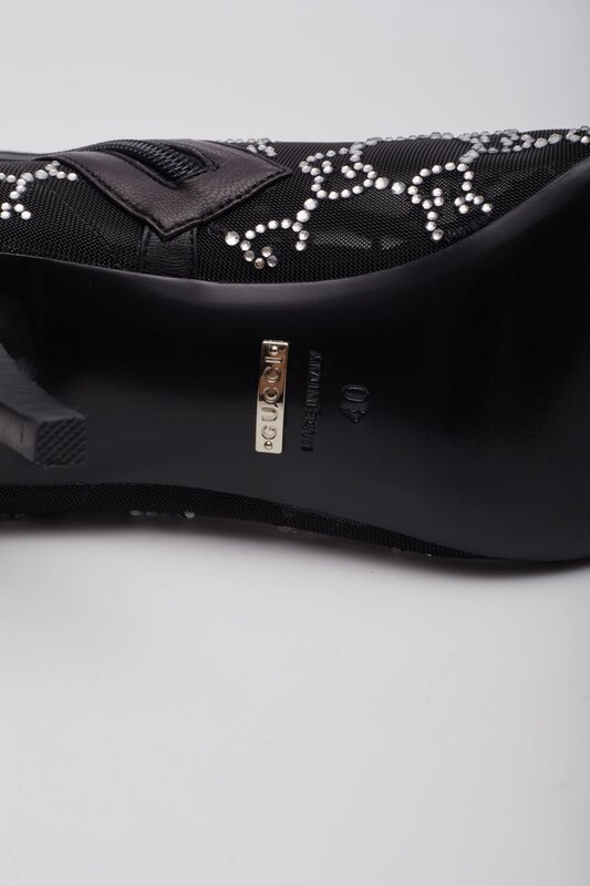 GUCCI GUCCI GG CRYSTAL EMBELLISHED MESH BLACK ANKLE BOOTS
