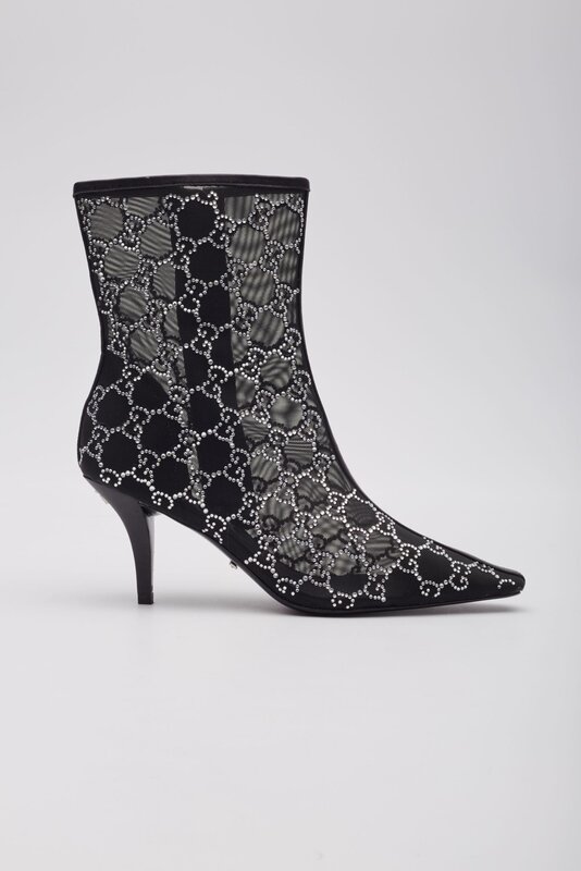 GUCCI GUCCI GG CRYSTAL EMBELLISHED MESH BLACK ANKLE BOOTS