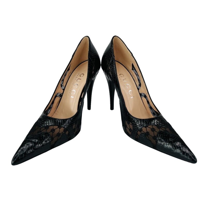 GUCCI GUCCI BLACK CALF PYTHON PRINT GG RHOMBUS HEELS (EU 36)