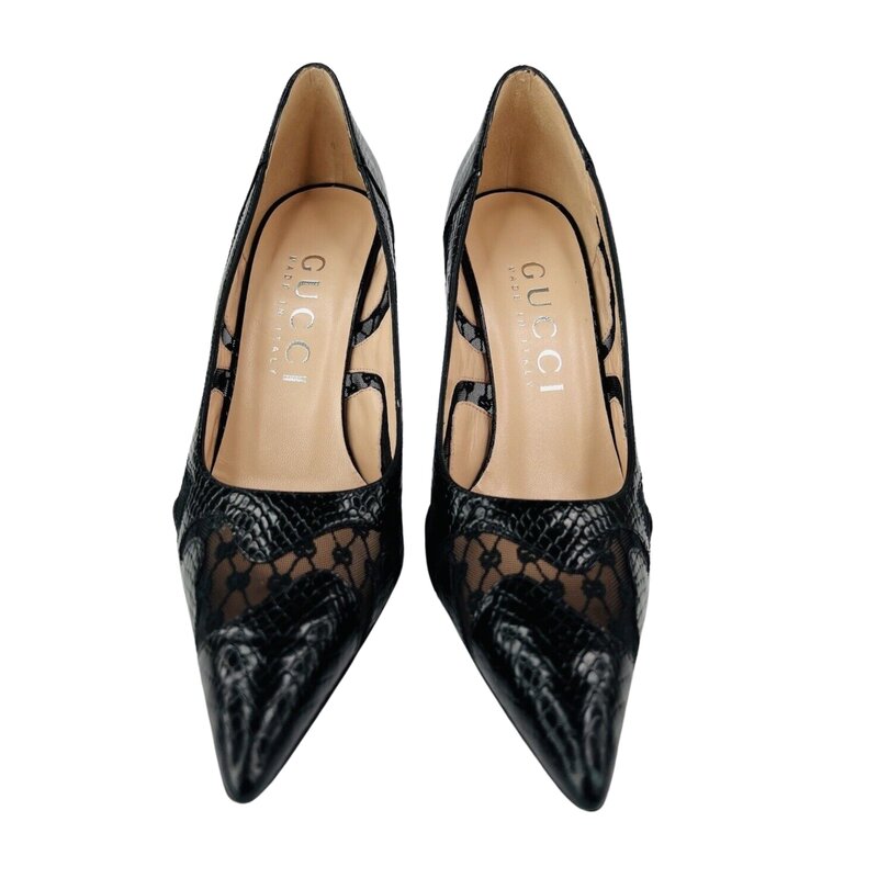 GUCCI GUCCI BLACK CALF PYTHON PRINT GG RHOMBUS HEELS (EU 36)