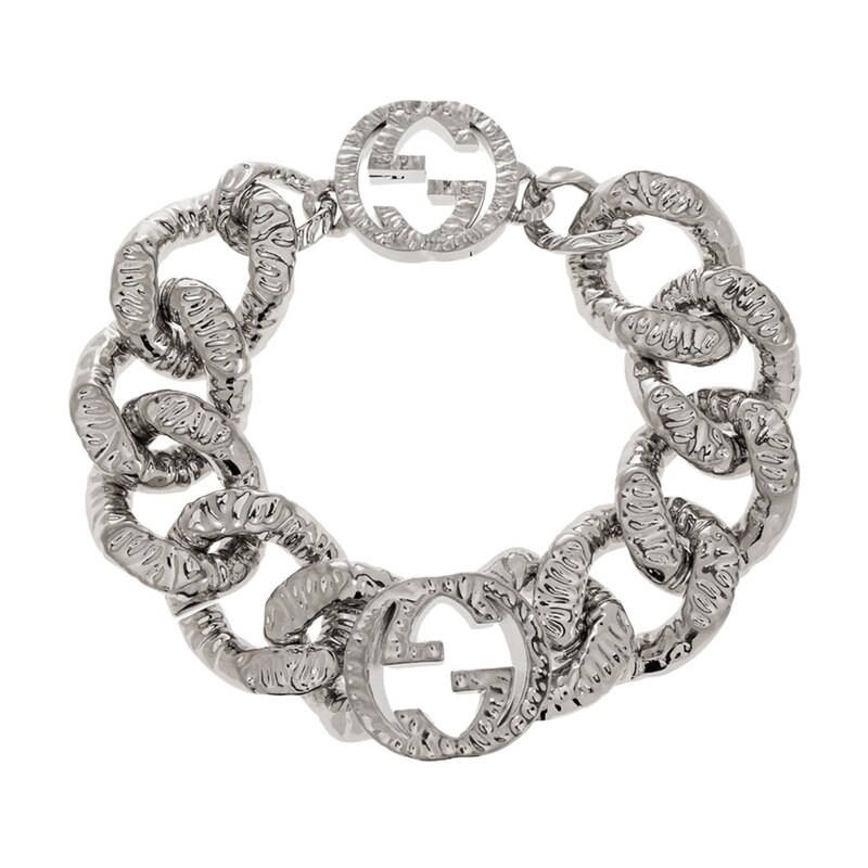 GUCCI GUCCI SILVER TEXTURED CURB CHAIN INTERLOCKING GG CHOKER