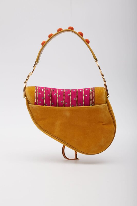 CHRISTIAN DIOR DIOR VELVET NYLON INDIENNE POM POM SADDLE BAG