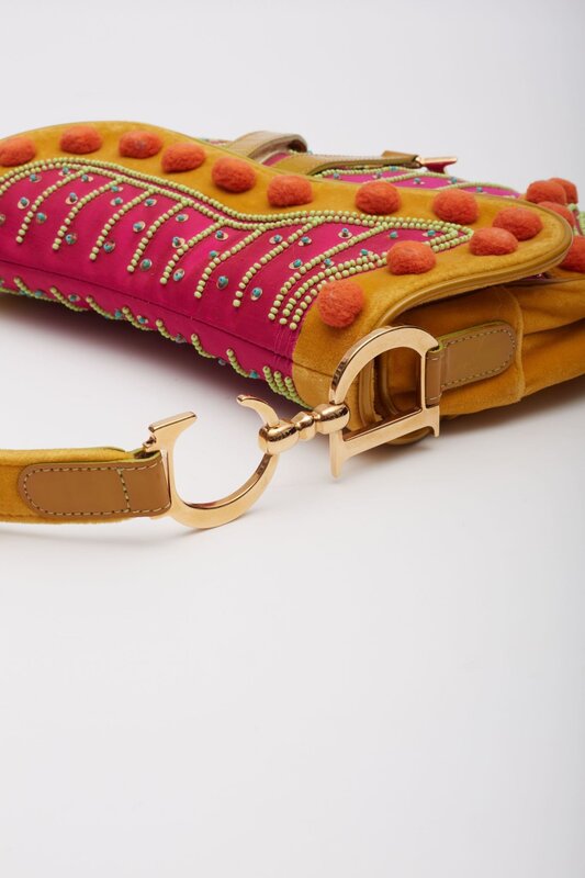CHRISTIAN DIOR DIOR VELVET NYLON INDIENNE POM POM SADDLE BAG