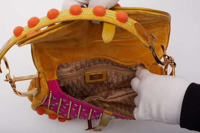 CHRISTIAN DIOR DIOR VELVET NYLON INDIENNE POM POM SADDLE BAG