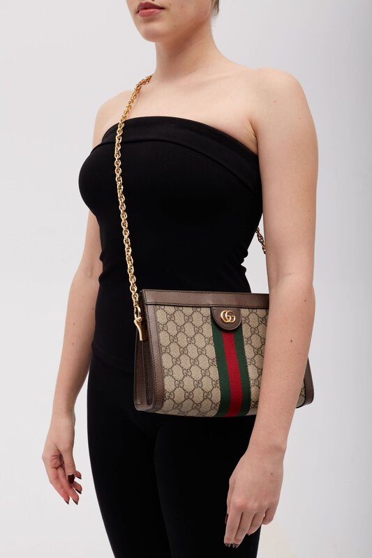 GUCCI GUCCI GG SUPREME MONOGRAM WEB OPHIDIA CHAIN SHOULDER EBONY SMALL