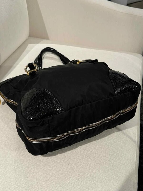 PRADA PRADA NYLON PATENT LEATHER CORNERS ZIP TOTE BAG LARGE