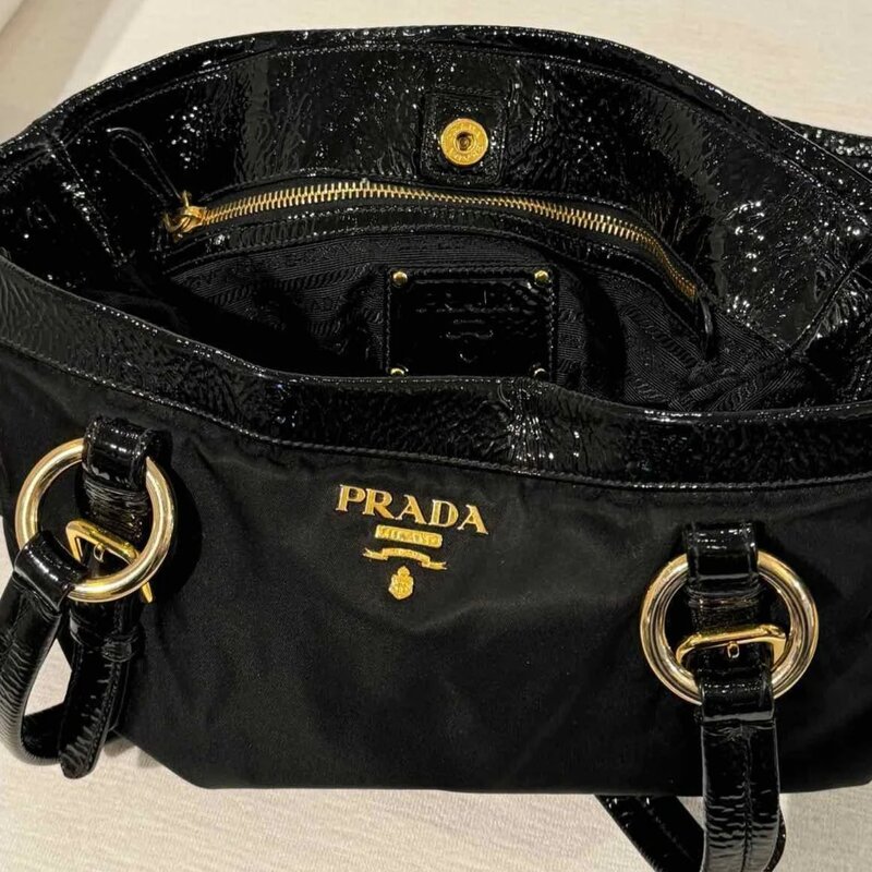 PRADA PRADA NYLON PATENT LEATHER CORNERS ZIP TOTE BAG LARGE