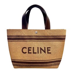 CELINE CELINE HOMME CABAS LEATHER TRIMMED LOGO RAFFIA TOTE BAG MINI