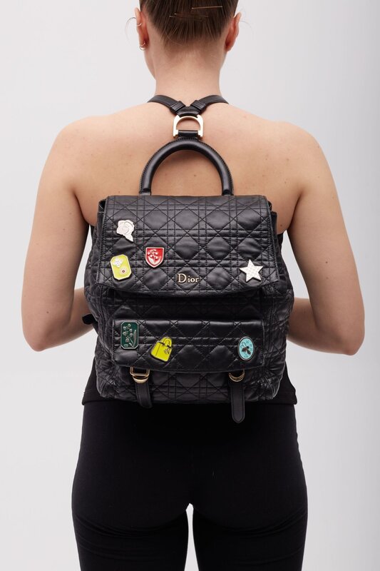 CHRISTIAN DIOR DIOR BLACK LAMBSKIN CANNAGE LUCKY BADGE STARDUST BACKPACK SMALL