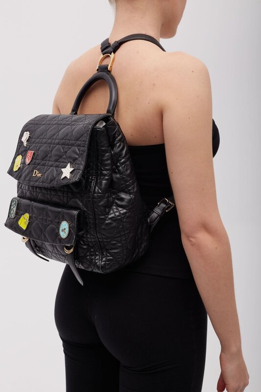 CHRISTIAN DIOR DIOR BLACK LAMBSKIN CANNAGE LUCKY BADGE STARDUST BACKPACK SMALL