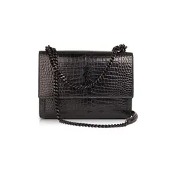 SAINT LAURENT SAINT LAURENT SUNSET CROCODILE  MEDIUM EMBOSSED LEATHER BLACK CHAIN  BAG