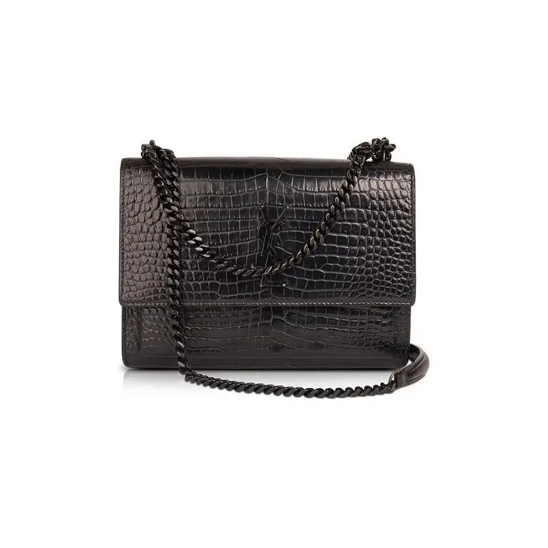 SAINT LAURENT SAINT LAURENT BLACK CHAIN CROCODILE SUNSET MRDIUM EMBOSSED SHOULDER BAG