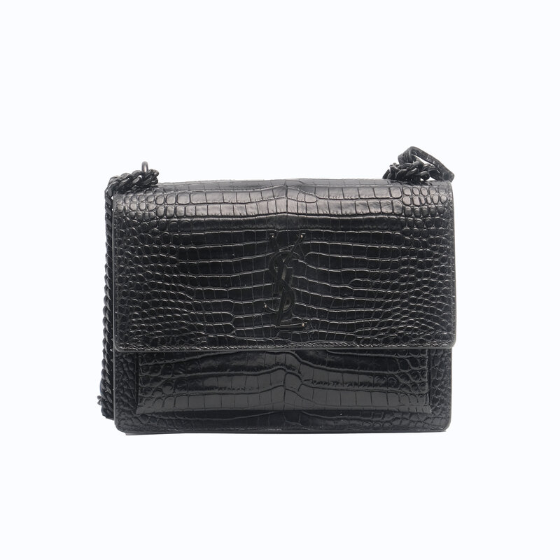SAINT LAURENT SAINT LAURENT BLACK CHAIN CROCODILE SUNSET MRDIUM EMBOSSED SHOULDER BAG