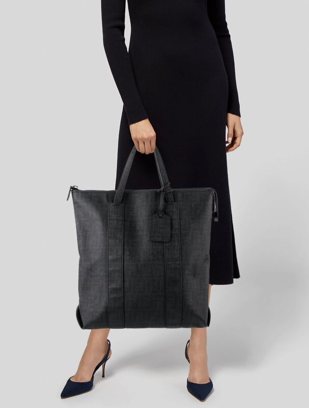 FENDI FENDI ZUCCA FF COATED CANVAS NORTH SOUTH ZIP TOTE BLACK
