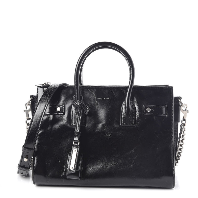 SAINT LAURENT SAINT LAURENT GLAZED CALFSKIN BLACK SAC DE JOUR TOTE BAG BABY