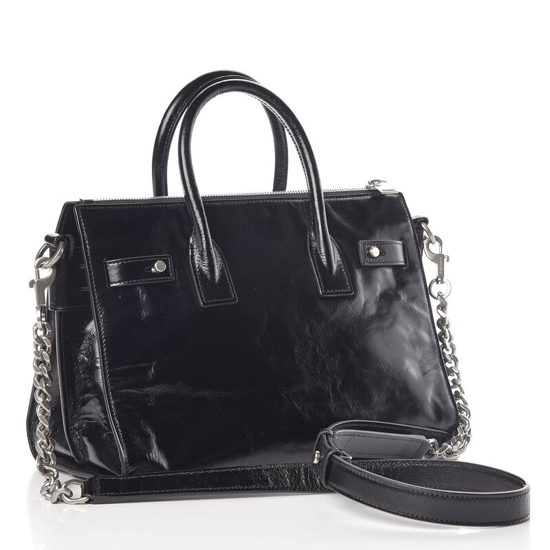 SAINT LAURENT SAINT LAURENT GLAZED CALFSKIN BLACK SAC DE JOUR TOTE BAG BABY