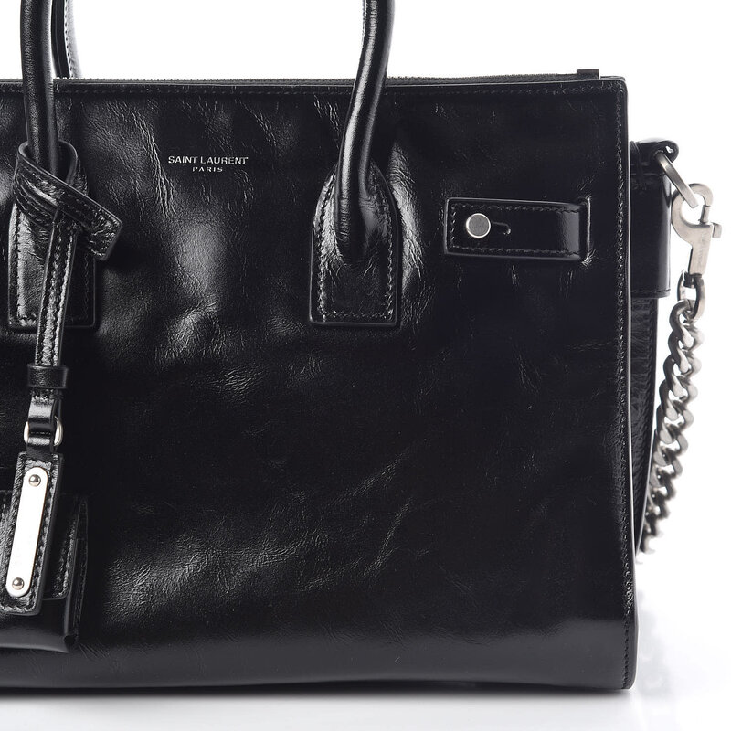 SAINT LAURENT SAINT LAURENT GLAZED CALFSKIN BLACK SAC DE JOUR TOTE BAG BABY
