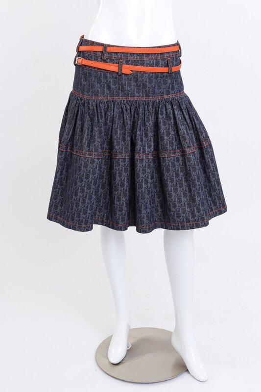 CHRISTIAN DIOR CHRISTIAN DIOR LOGO DENIM FLIGHT TROTTER TIERED SKATER SKIRT (S/M)