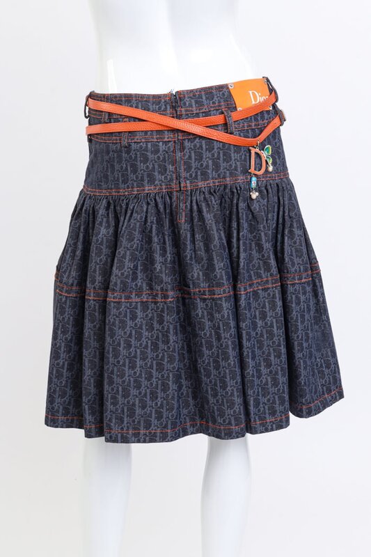 CHRISTIAN DIOR CHRISTIAN DIOR LOGO DENIM FLIGHT TROTTER TIERED SKATER SKIRT (S/M)