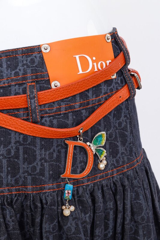 CHRISTIAN DIOR CHRISTIAN DIOR LOGO DENIM FLIGHT TROTTER TIERED SKATER SKIRT (S/M)