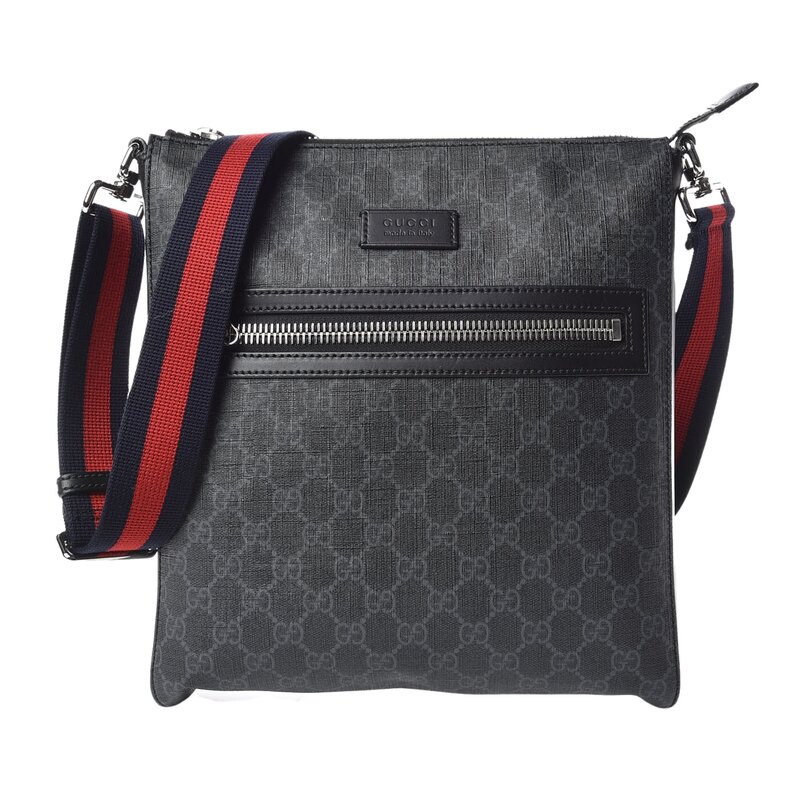 GUCCI GUCCI GG SUPREME BLACK MONOGRAM WEB FLAT MESSENGER BAG