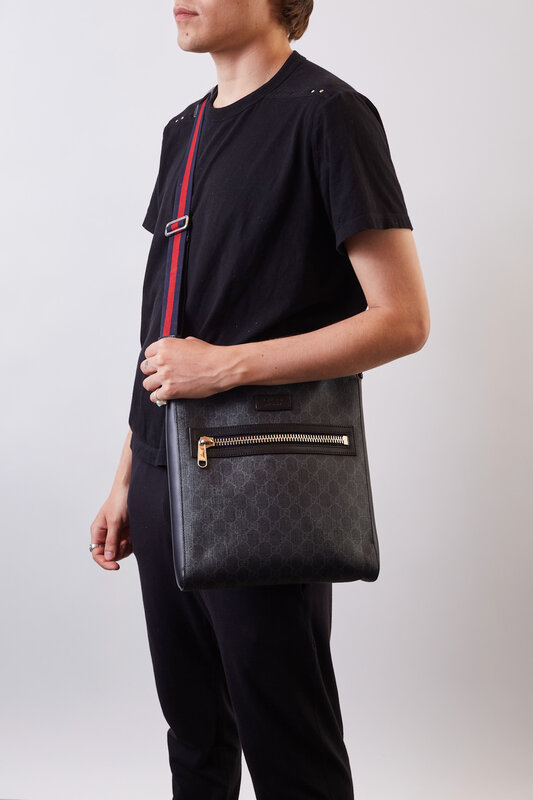 GUCCI GUCCI GG SUPREME BLACK MONOGRAM WEB FLAT MESSENGER BAG