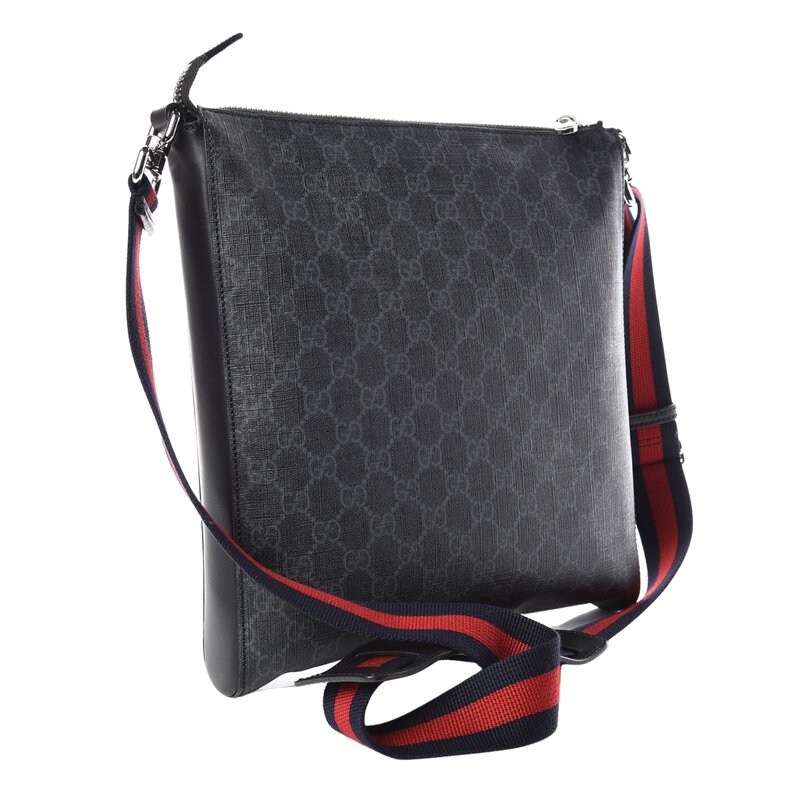 GUCCI GUCCI GG SUPREME BLACK MONOGRAM WEB FLAT MESSENGER BAG