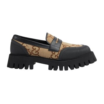 GUCCI GUCCI JUMBO GG JACQUARD CAMEL CANVAS CHUNKY LOAFERS