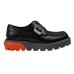 GUCCI GUCCI LEATHER BLACK ORANGE LACE UP BUCKLE LOAFERS