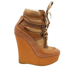 BURBERRY CAMEL LEATHER SHEARLING PLATFORM WEDGES (US 8)
