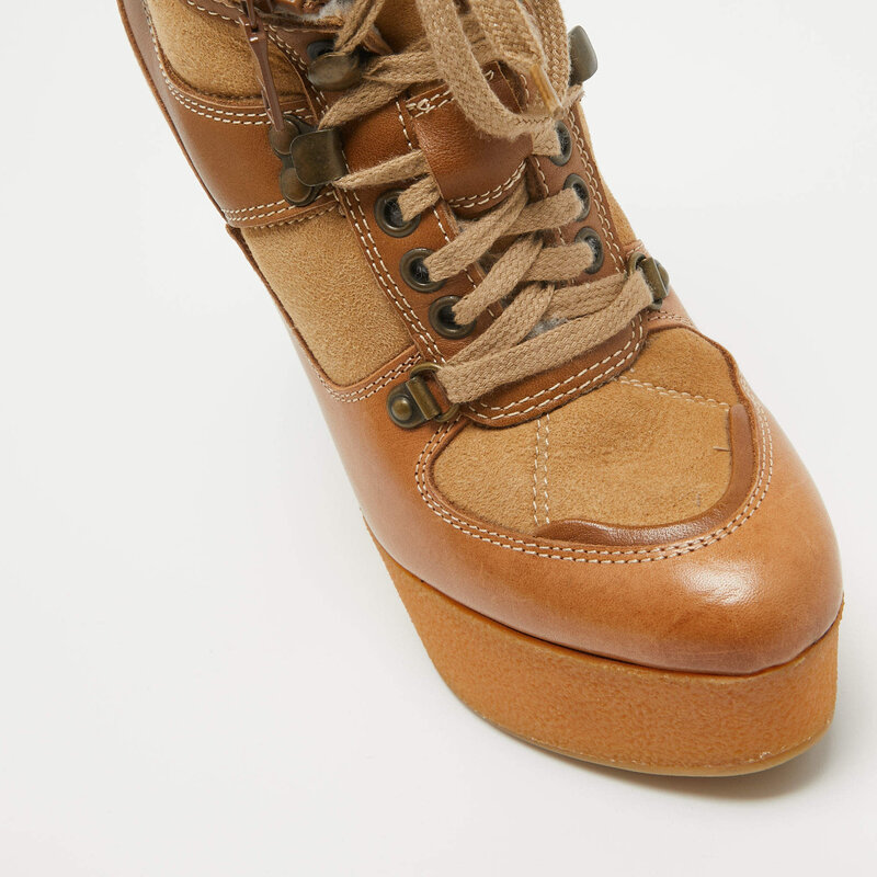 BURBERRY CAMEL LEATHER SHEARLING PLATFORM WEDGES (US 8)