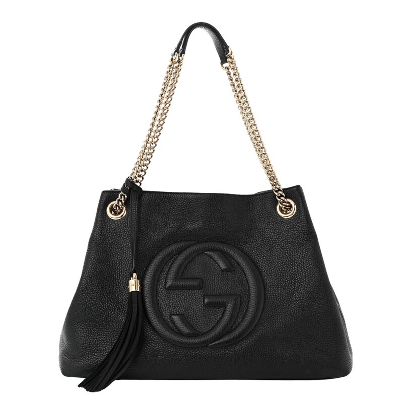 GUCCI GUCCI PEBBLED CALFSKIN BLACK SOHO CHAIN SHOULDER BAG MEDIUM