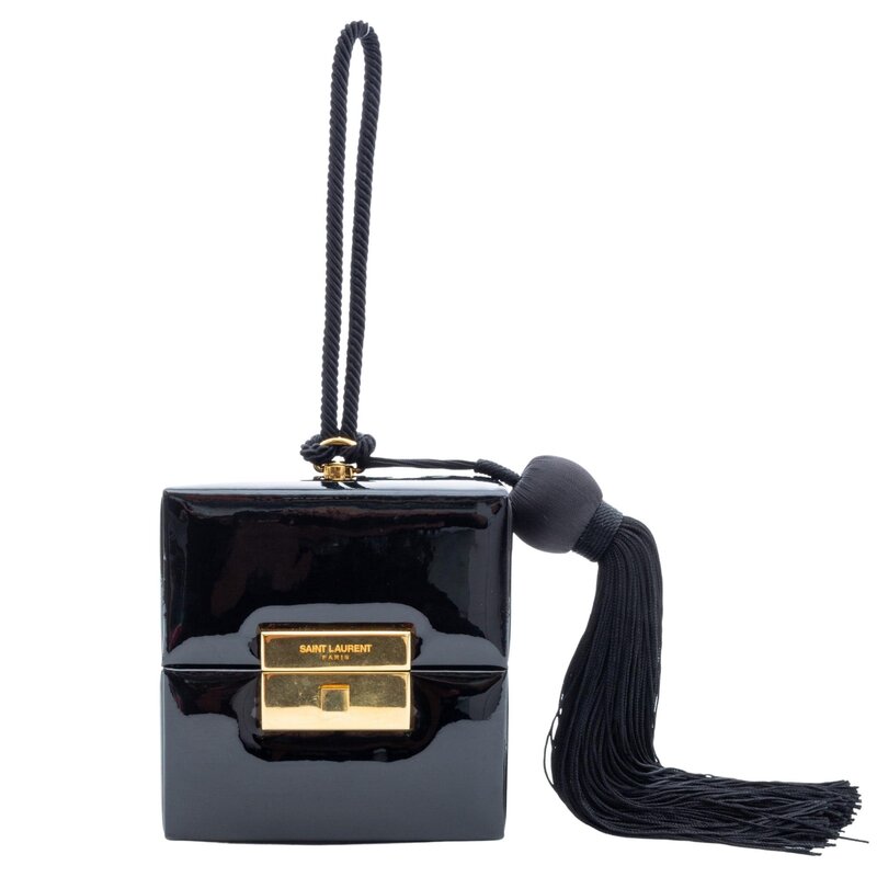 SAINT LAURENT SAINT LAURENT BLACK PATENT CUBE BAG WRISTLET